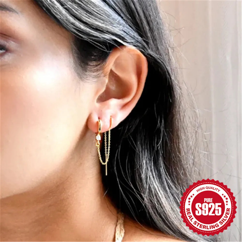 S925 Sterling Silver geometric flower and tassel chain clip-on ear studs with gold electroplated finish.