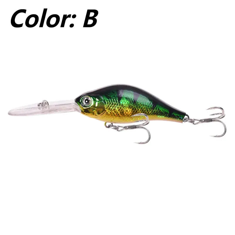 Deep diving mino pattern fishing lure showing floating rock action design