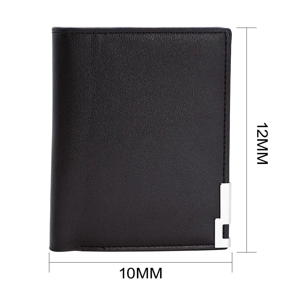 Men's leather wallet showing seven card slots and zipper closure mechanism