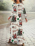 Santa Claus printed long sleeve polyester dress in beige with leather stitching details