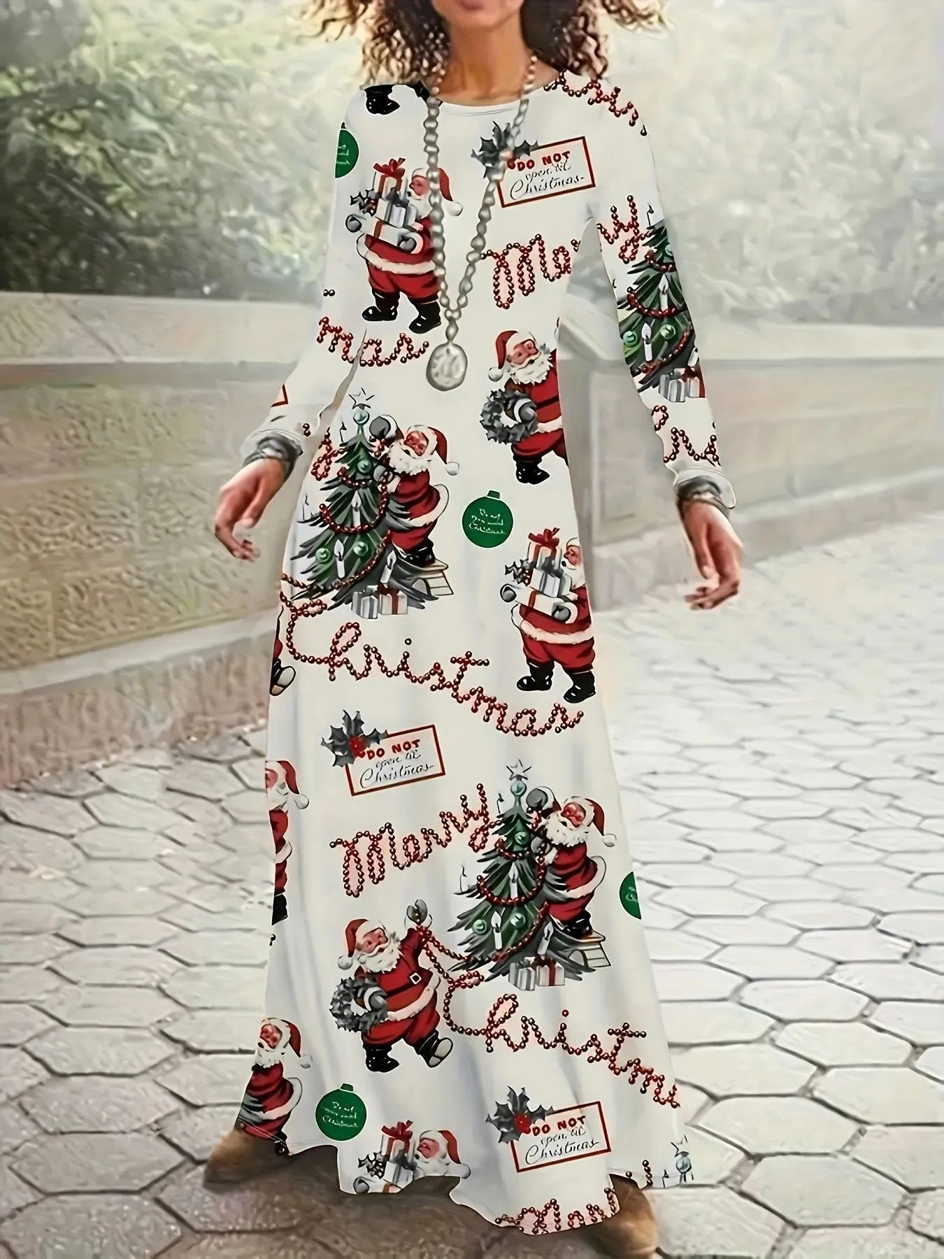Santa Claus printed long sleeve polyester dress in beige with leather stitching details