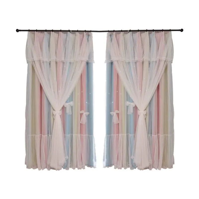 Nordic simple hollow star blackout curtains with gauze in bedroom, Pink Grey colour, hook fitting