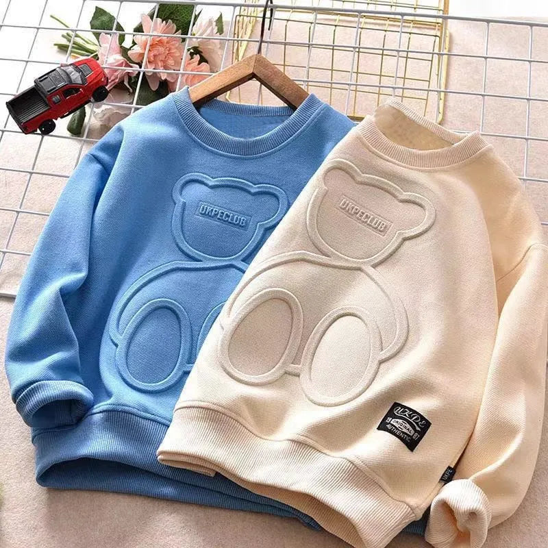 Children's long-sleeved cotton top with cartoon print, hedge closure, available in blue khaki beige navy blue sizes 110-160cm