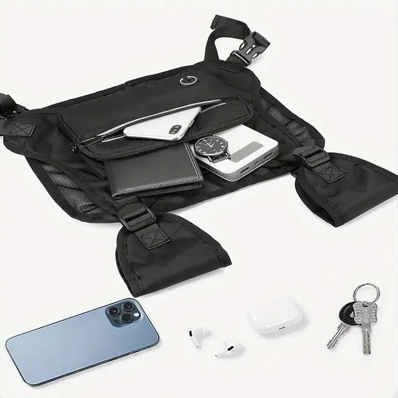 Black outdoor sports chest bag with adjustable straps and reflective mesh pocket for running and cycling