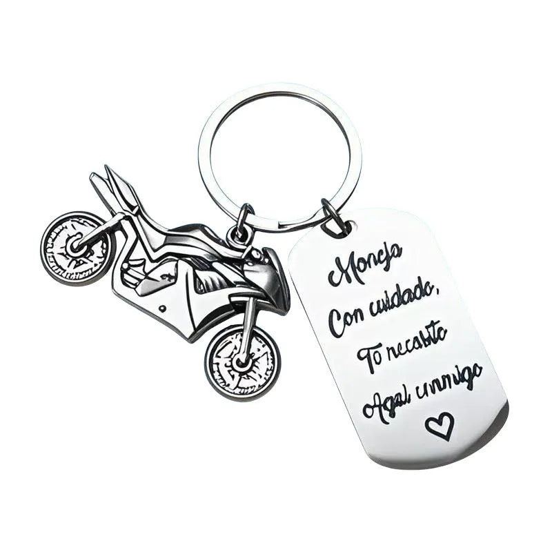 Stainless steel motorcycle keychain with inspirational design and protective flannel drawstring bag