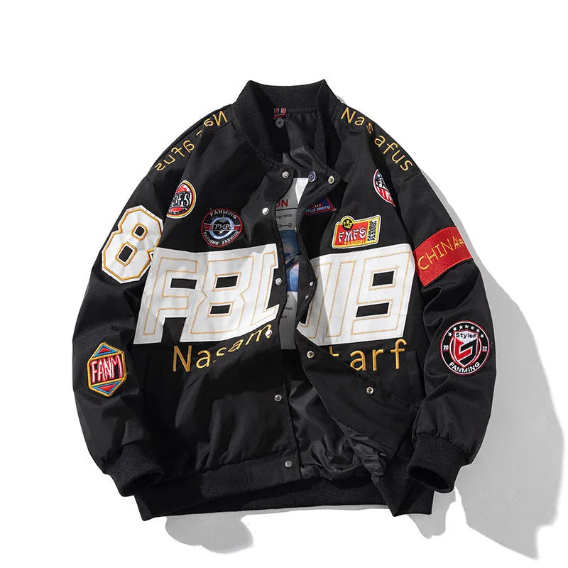 Motorcycle baseball uniform jacket with hood in black, red or blue colours for autumn winter riding