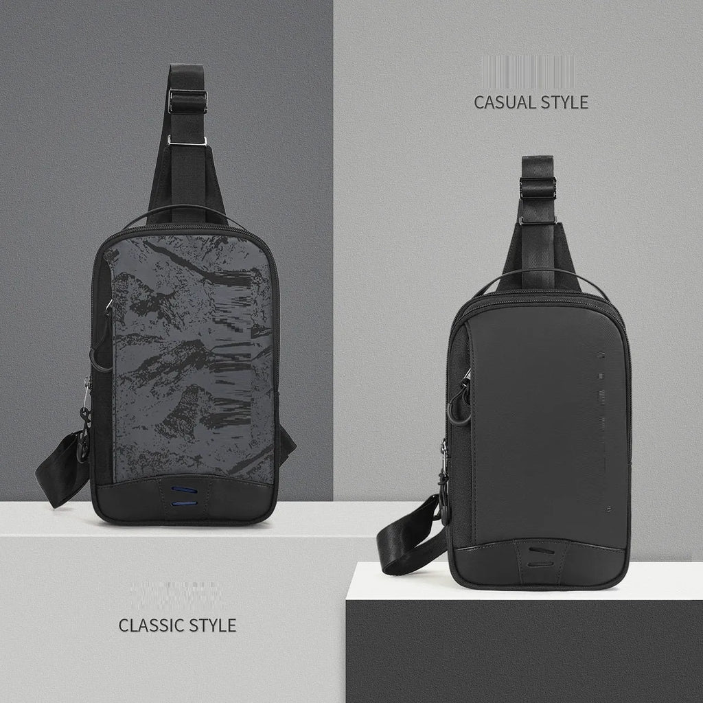 Casual black TPU camouflage chest bag with single shoulder strap and soft handle on a plain background.