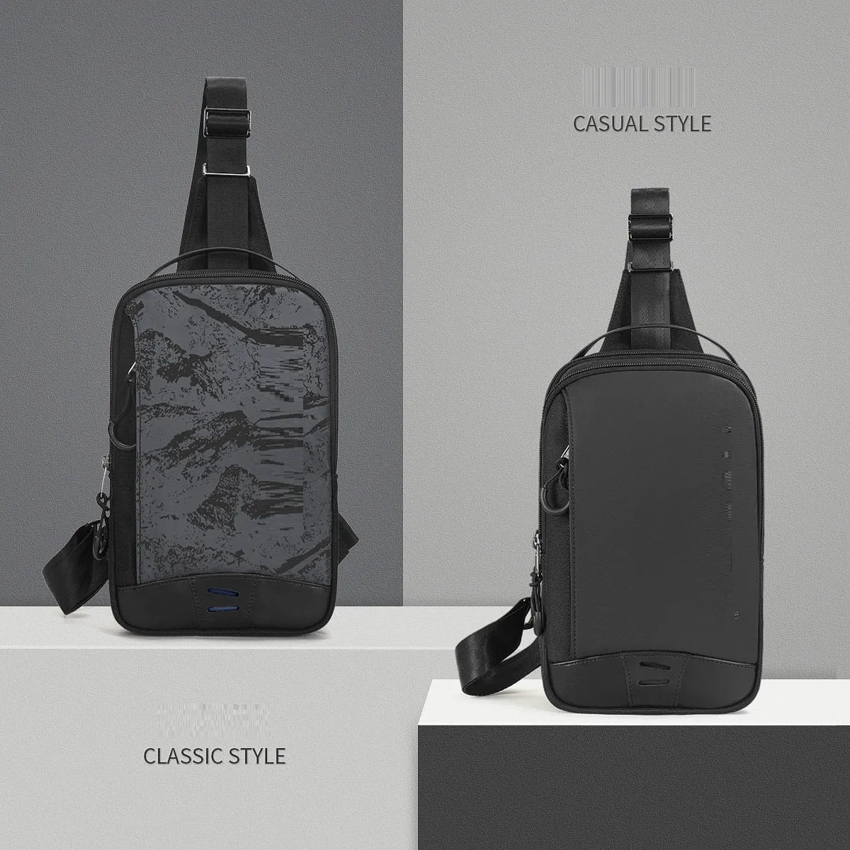 Casual black TPU camouflage chest bag with single shoulder strap and soft handle on a plain background.