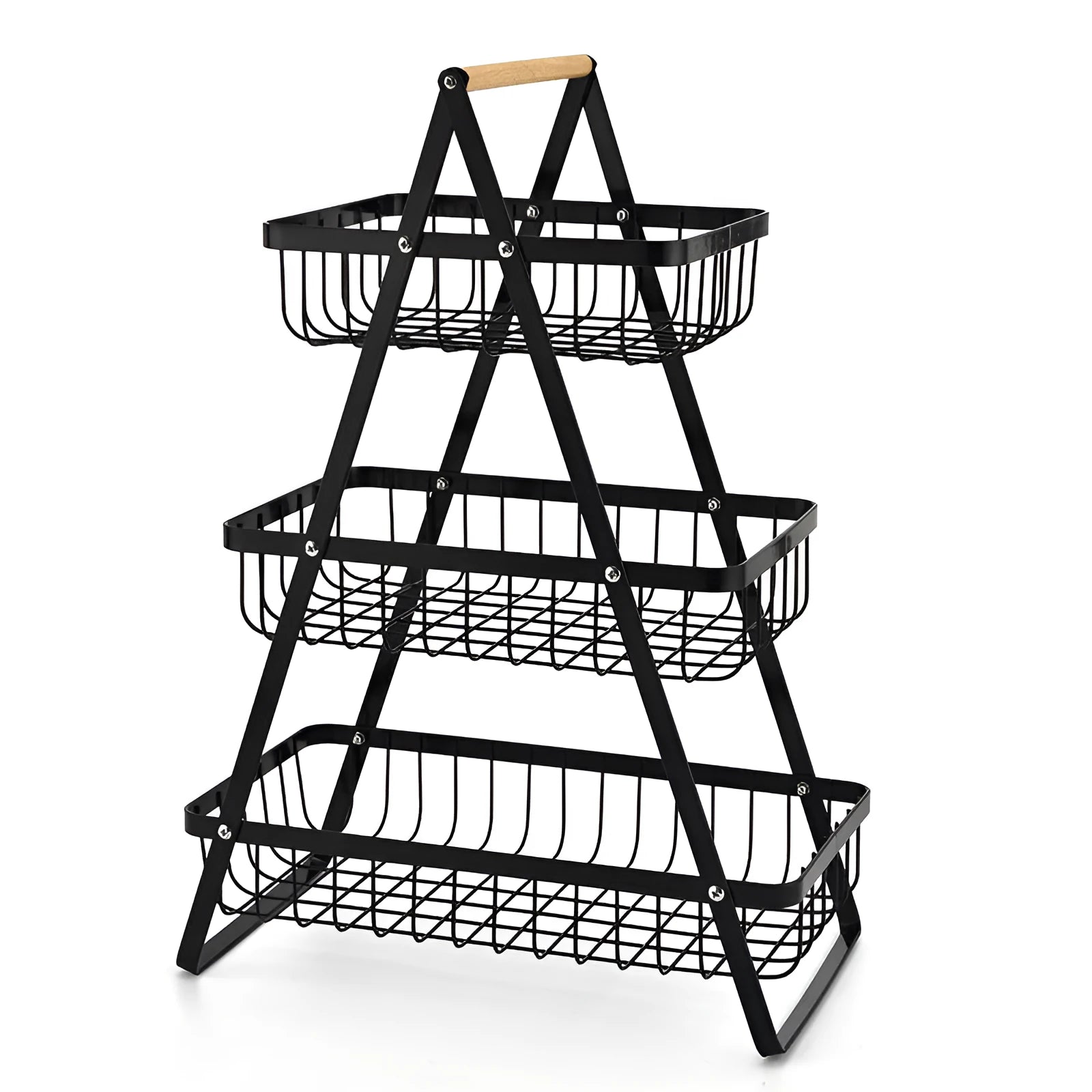 Black detachable iron double-layer fruit basket with a wooden handle on a kitchen counter.