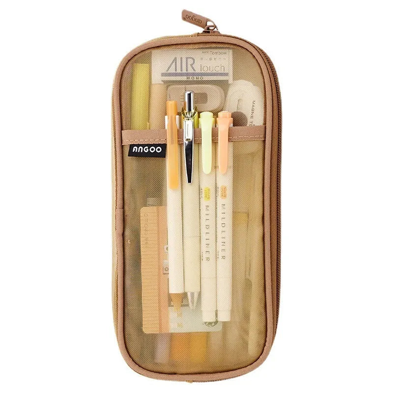 Square mesh pencil case in candy colours showing transparent stationery storage design