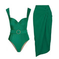 Women's one-piece swimsuit with gauze skirt in polyester, showing double shoulder and oblique shoulder style options