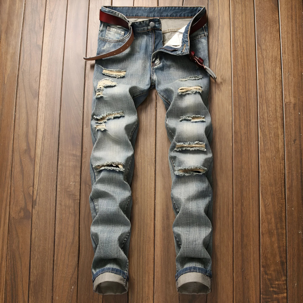 Men's ripped straight denim trousers in dark blue, mid waist, light straight leg, zip fly, sizes 28-42