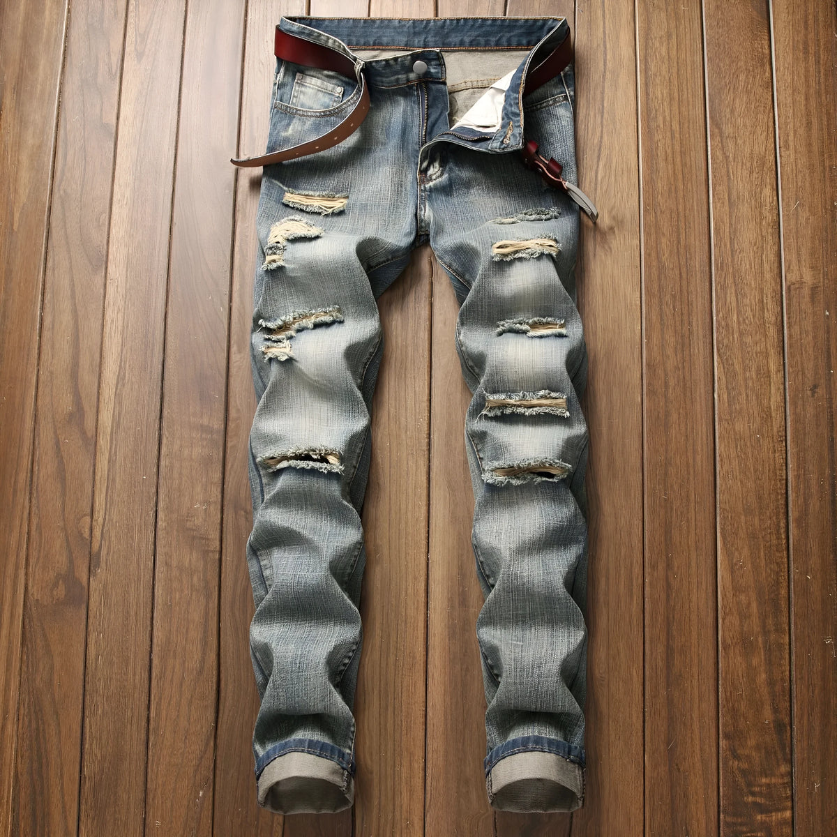 Men's ripped straight denim trousers in dark blue, mid waist, light straight leg, zip fly, sizes 28-42