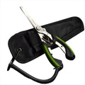 Multifunctional fishing pliers with blue handle, straight mouth, hook, and nylon storage bag.