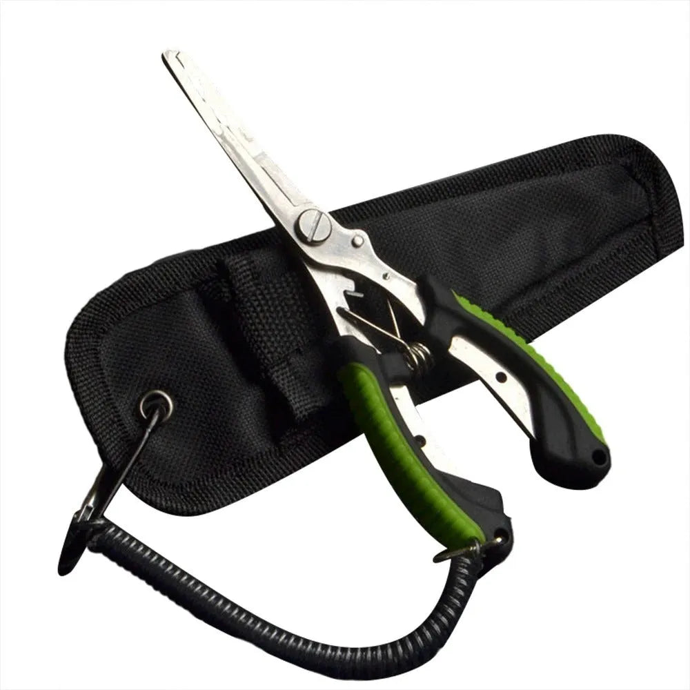 Multifunctional fishing pliers with blue handle, straight mouth, hook, and nylon storage bag.