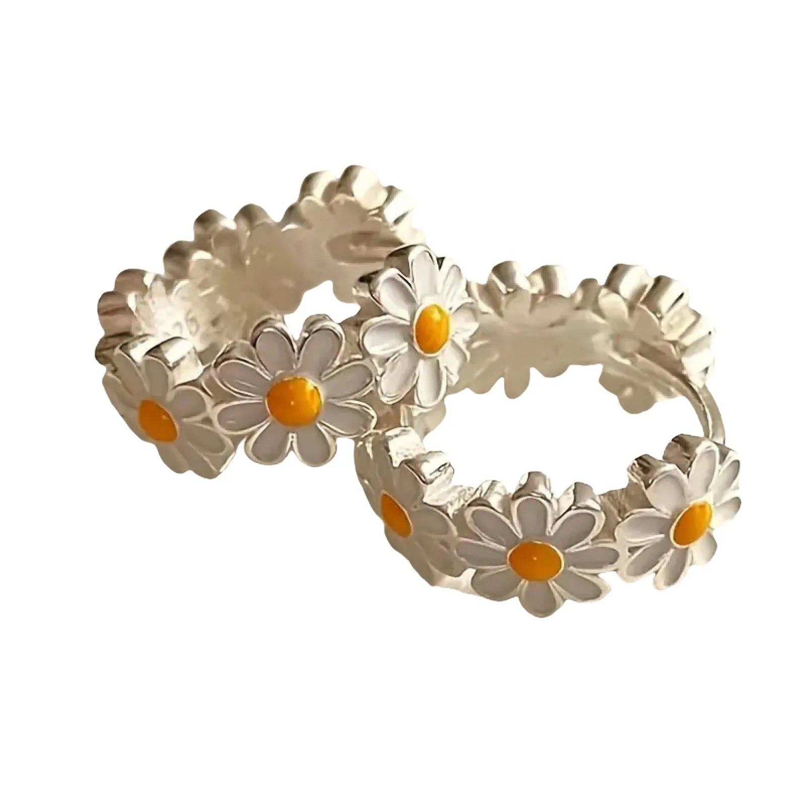 White daisy flower fashion earrings with platinum gem accents on copper base