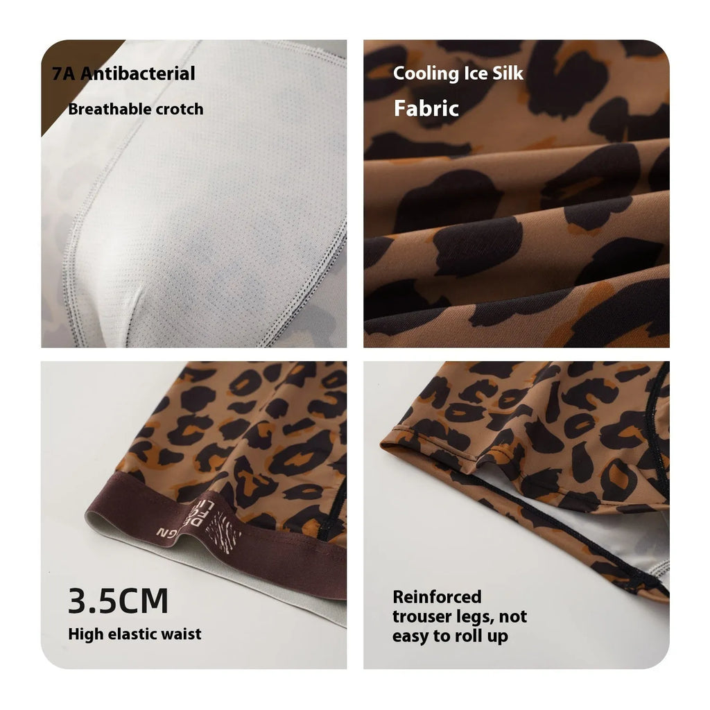 Men's leopard print polyester ice silk underwear pants in mid-waist design