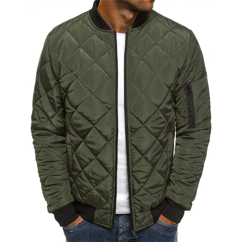 Men's winter stand collar jacket in solid colour with rhombus sewing pattern zipper front loose fit