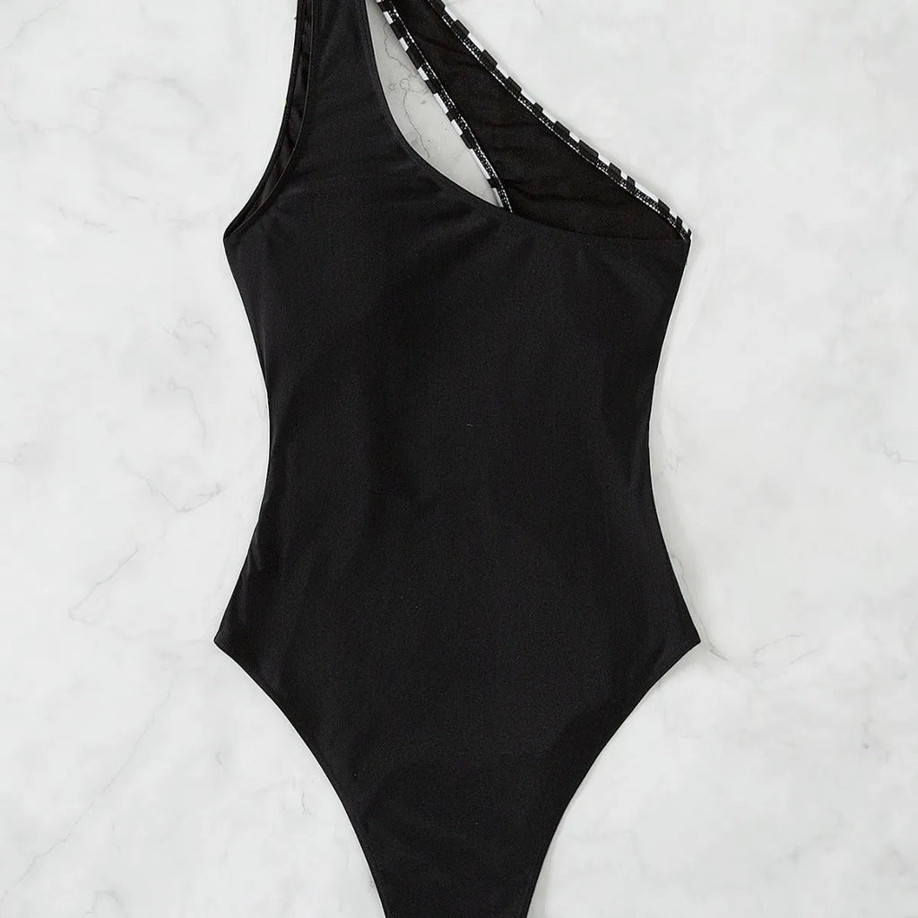 Women's one-piece swimsuit, single shoulder, zebra and plain black polyester patchwork, sleeveless
