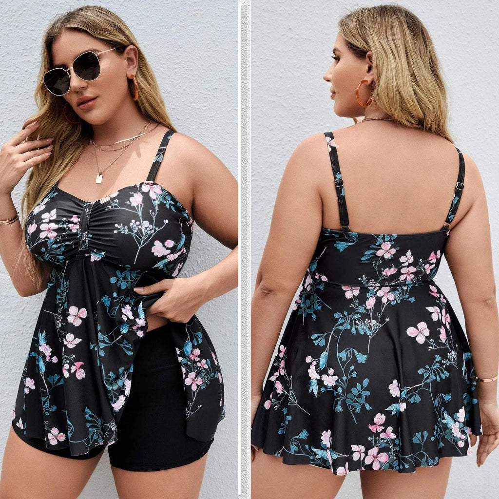 Women's floral print one-piece swimsuit on hanger, showing split colour design and high-elasticity polyester fabric.