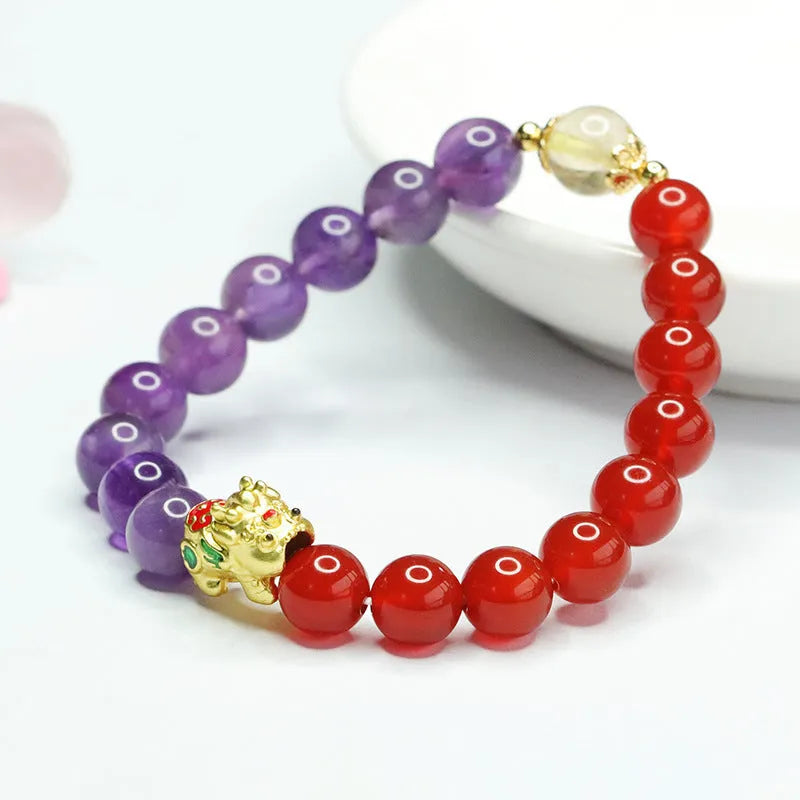 Amethyst and red agate Chinese style bracelet with 8mm beads.