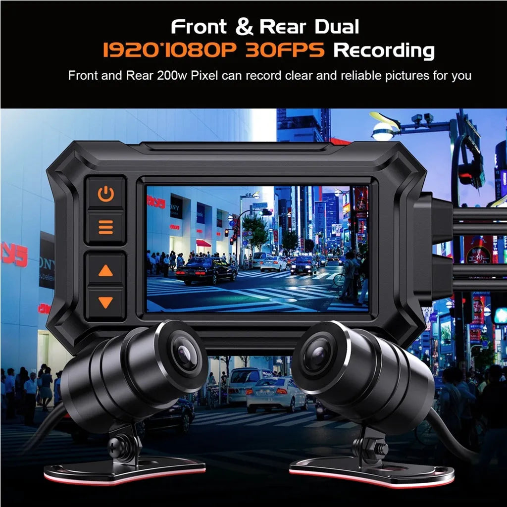 Motorcycle dash cam with 3-inch screen, dual cameras, and GPS module for front/rear recording and route tracking