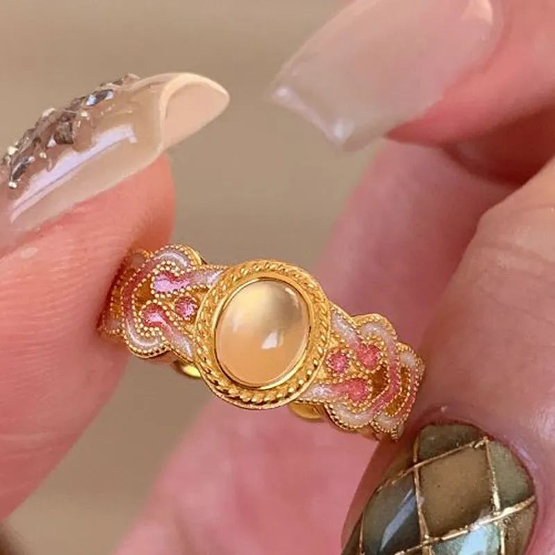 Pink crystal enamel geometric open ring with gold-plated copper adjustable design