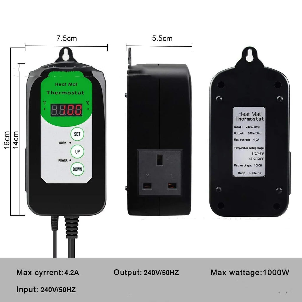 Digital temperature and humidity controller with display showing readings, compact plastic housing measuring 155mm