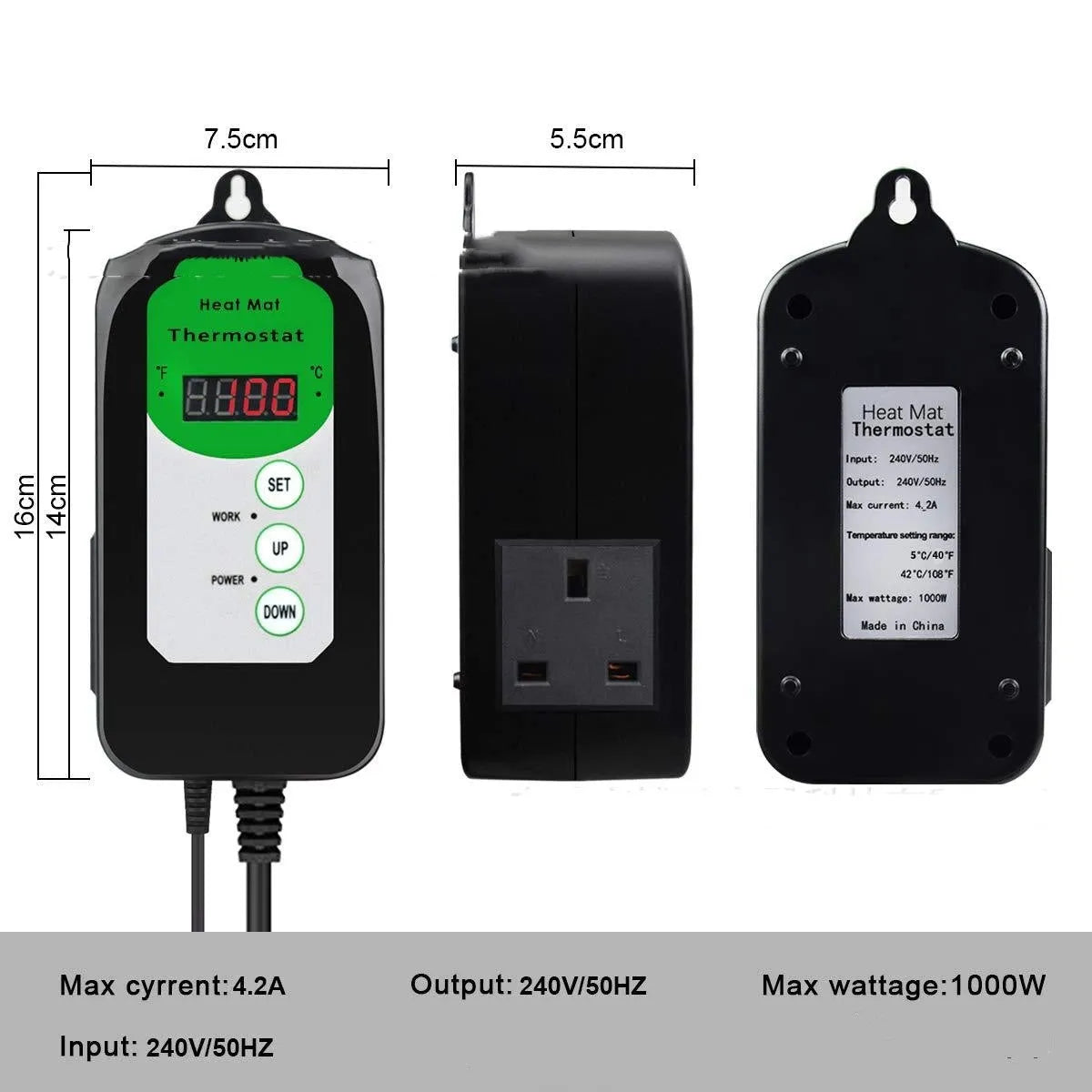 Digital temperature and humidity controller with display showing readings, compact plastic housing measuring 155mm