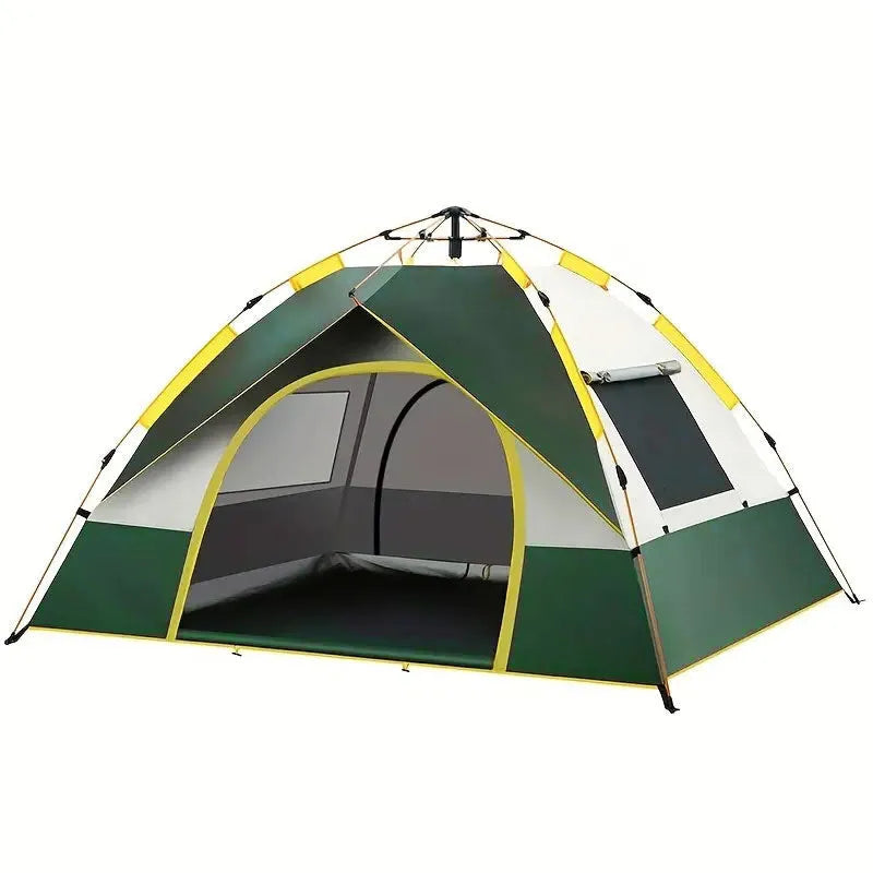 Dark green and silver quick-open double-layer camping tent for 3-4 people