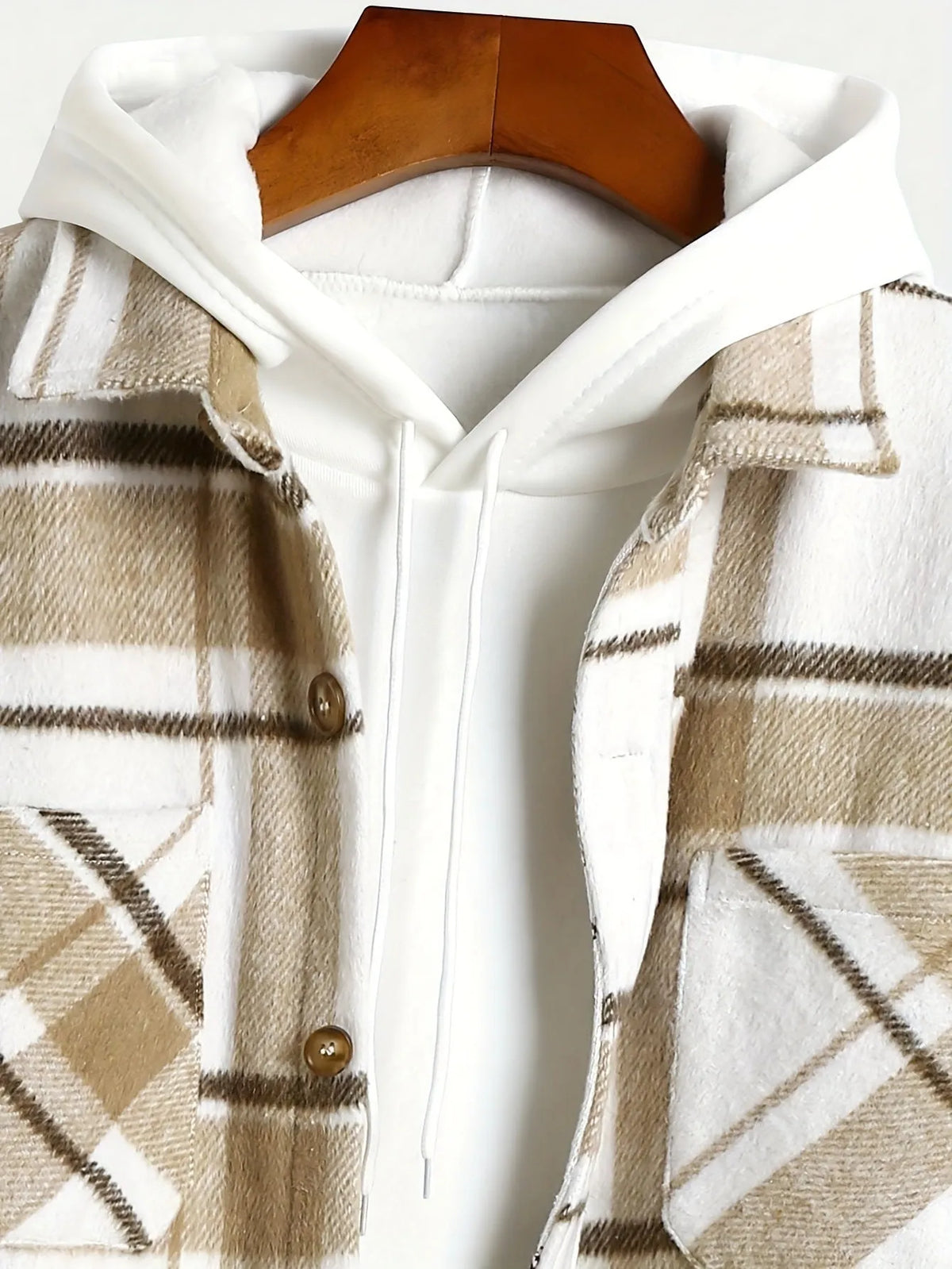 Men's plaid cardigan shirt, long sleeve, loose fit, dark khaki cloth colour, spandex fabric, sizes S-XXL