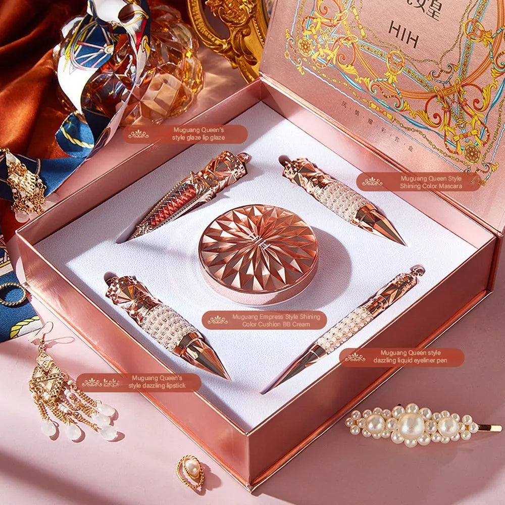 Women's five-piece makeup set with Muguang Queen lip glaze, lipstick, air cushion BB cream, eyeliner pencil and mascara