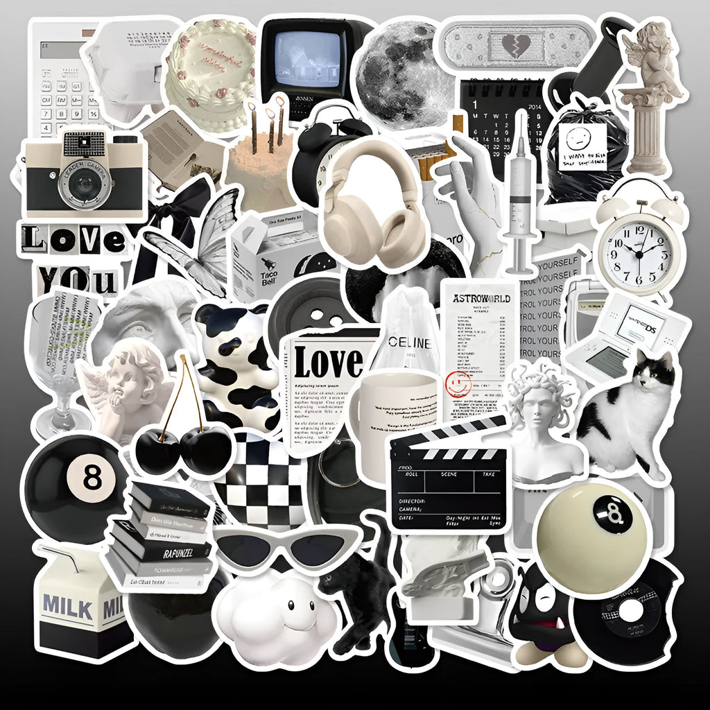 Set of 61 black and white coffee cup design PVC waterproof stickers for laptops and phones.