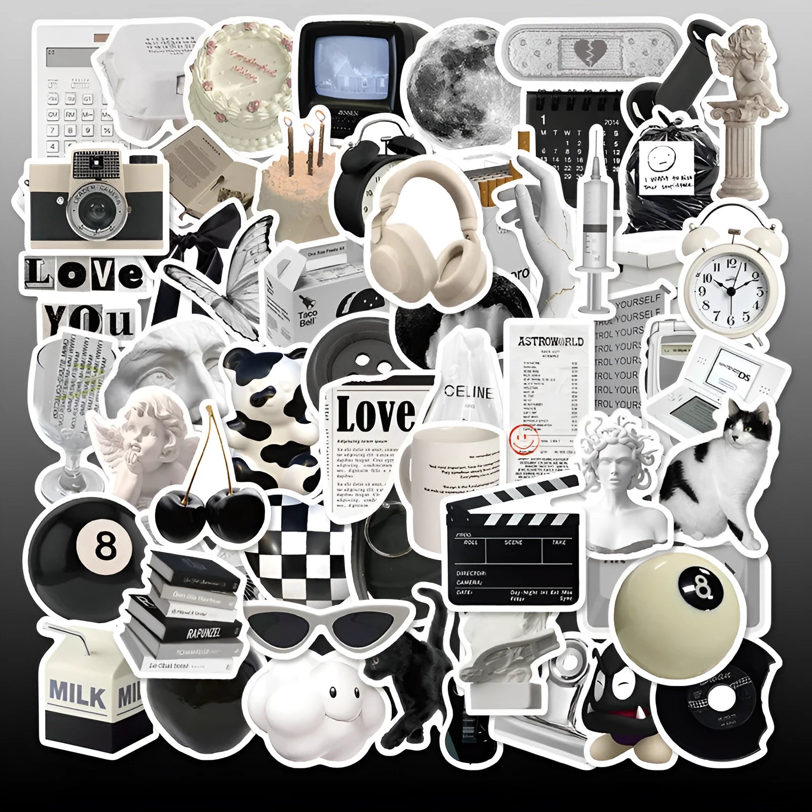 Set of 61 black and white coffee cup design PVC waterproof stickers for laptops and phones.