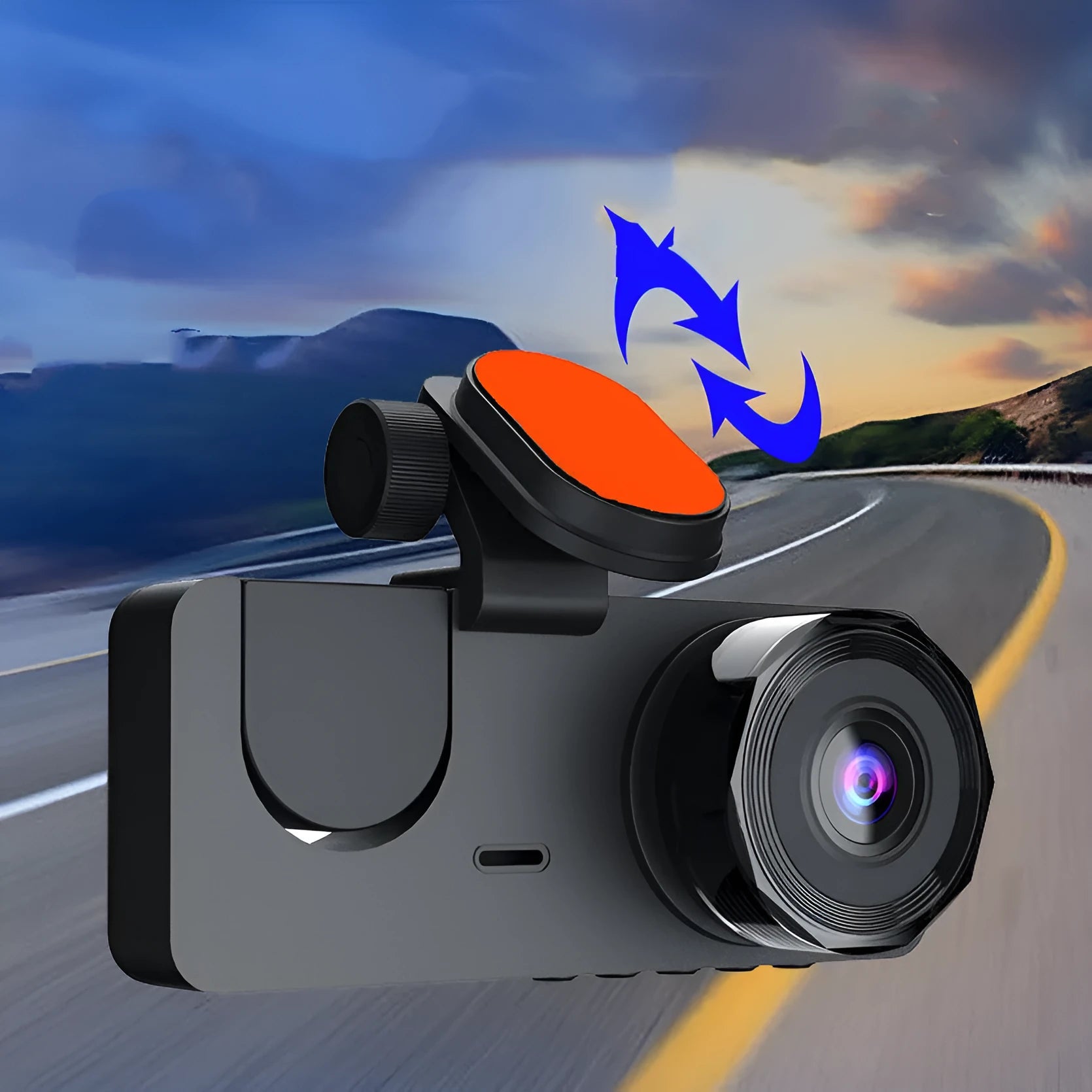 Black car dashcam with touch screen displaying front and rear HD 1080P video recording