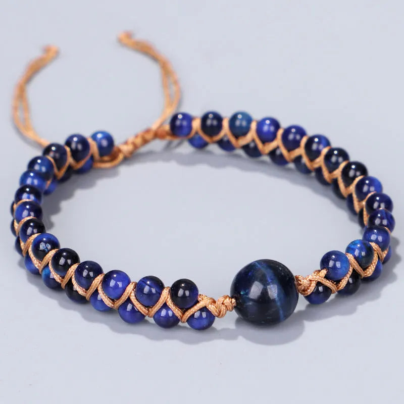 Handmade woven geometric pull bracelet in blue Tigereye or purple Amethyst beads.