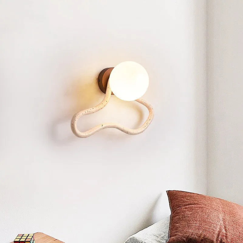 Cream middle ancient style wall lamp with 30cm travertine glass shade on solid wood base