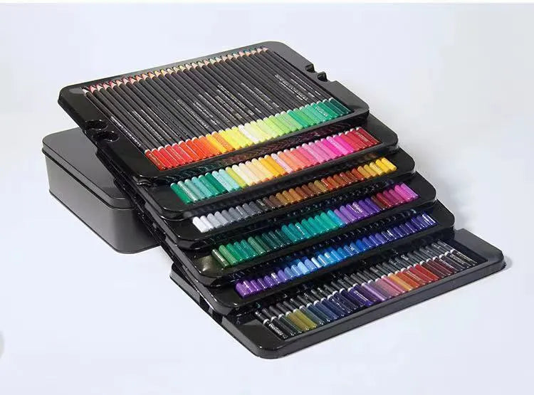 Open tin box showing 180 colourful oily pencils with wooden barrels and attached brush tips for painting.