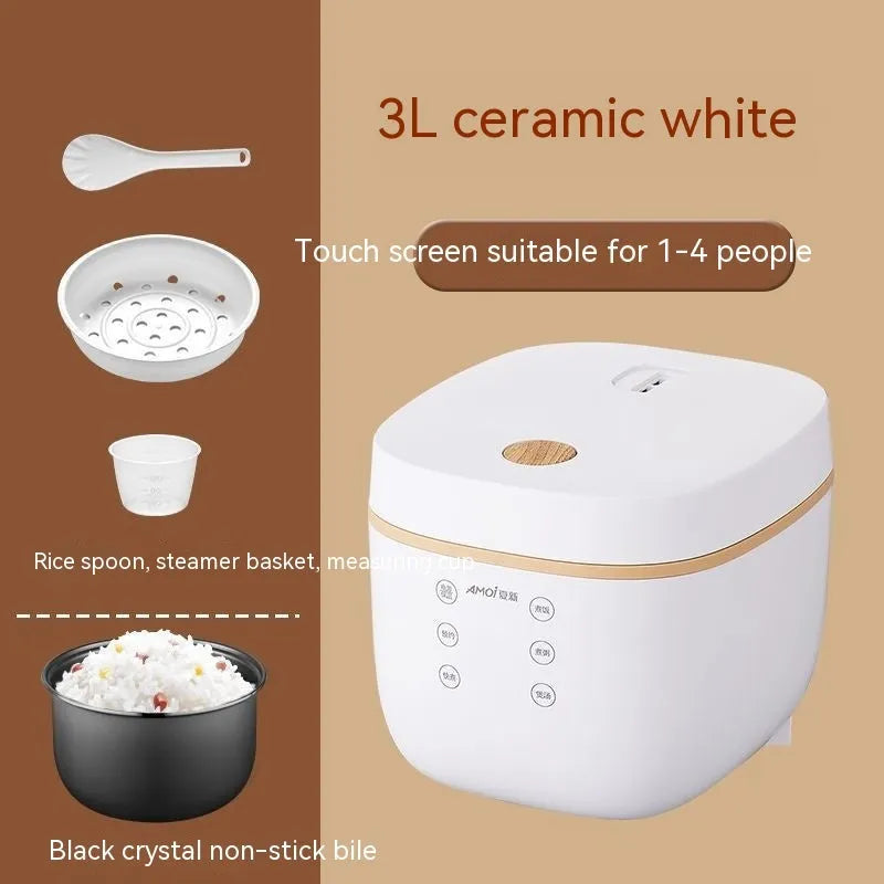 Beige or white 3L rice cooker with black crystal inner pot and six function controls