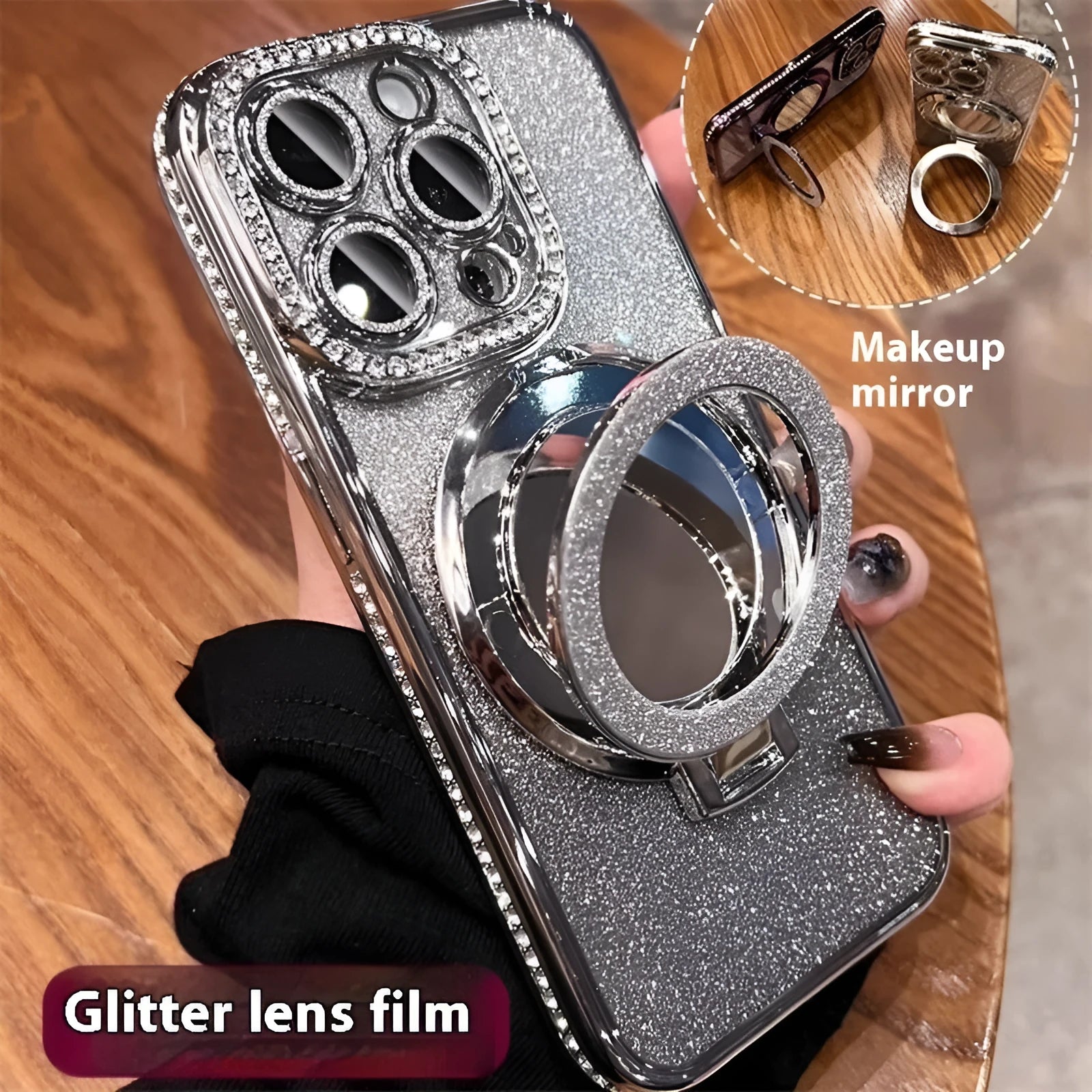 Gradient glitter iPhone case with a built-in square mirror on the back, shown in gradient purple.