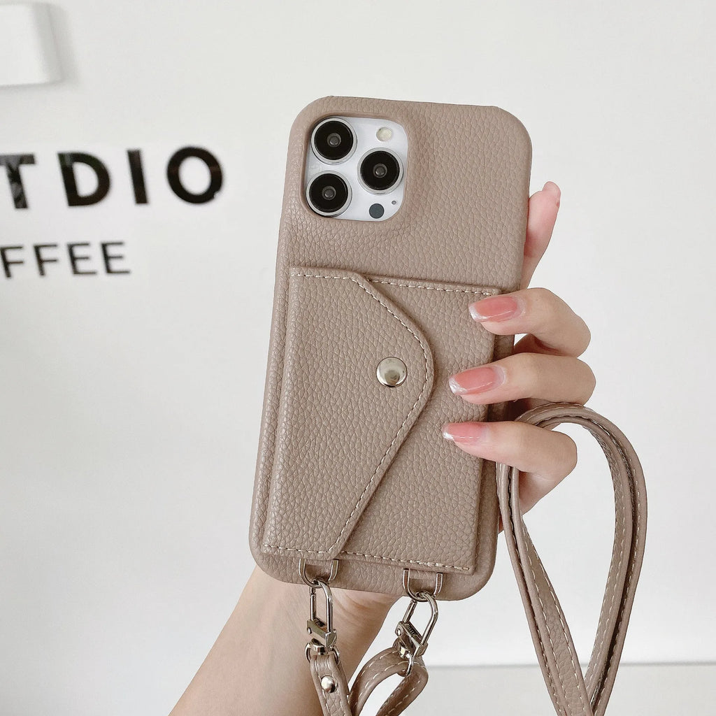 White PC leather card holder crossbody phone case with lychee pattern, triangle veil card slot, and lanyard for iPhone
