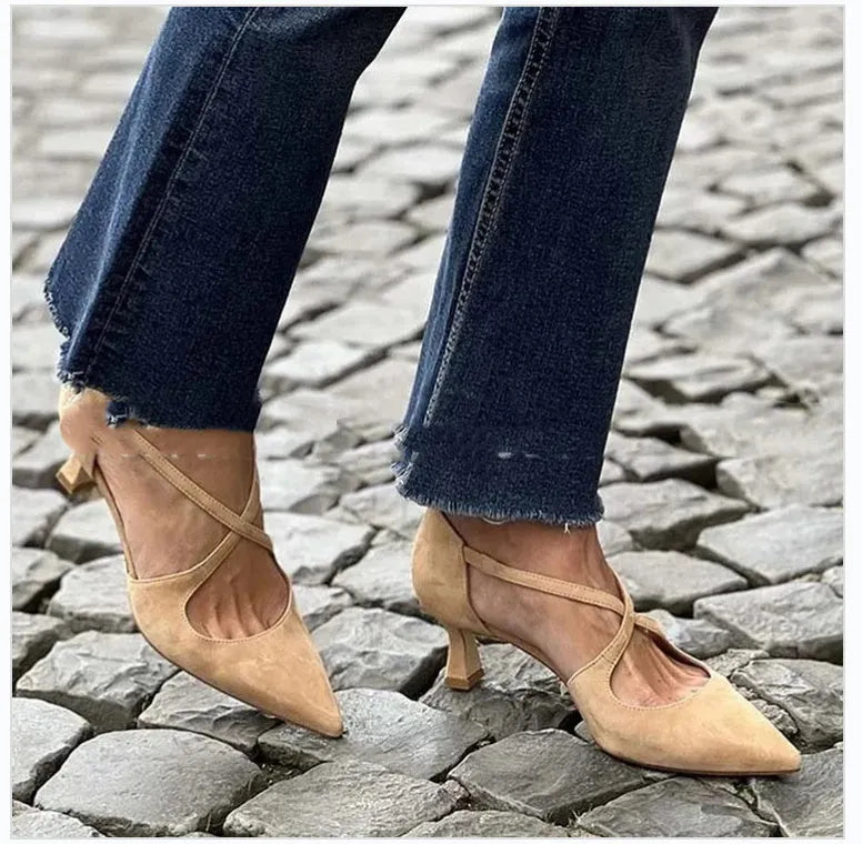 Plus size pointed toe suede sandals with cross buckle strap, 6-8cm high heel, in green, apricot, or blue.