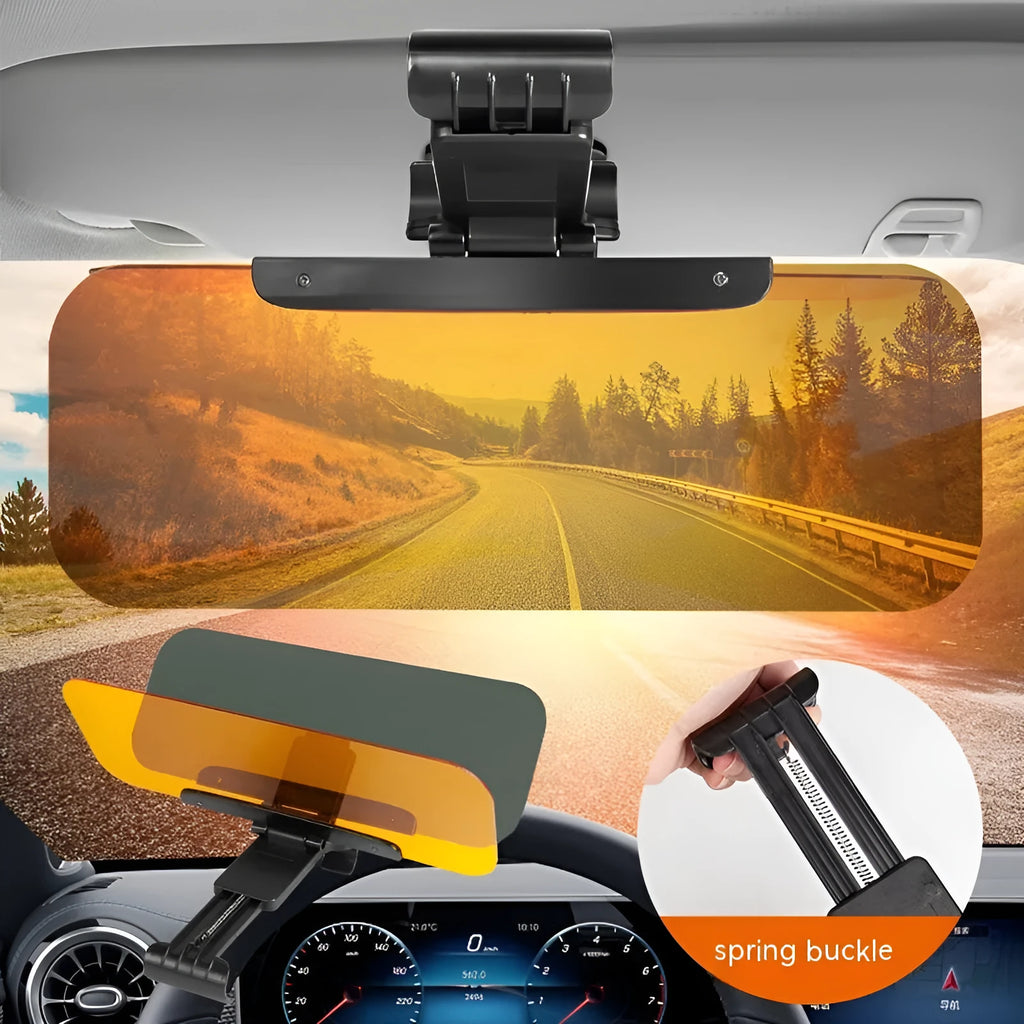 Car anti-glare sun visor with acrylic lens showing adjustable stretch, button, and spring installation options