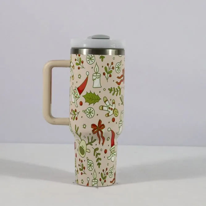 Red stainless steel travel tumbler with handle, straw and Christmas pattern decoration showing 1200ml capacity markings