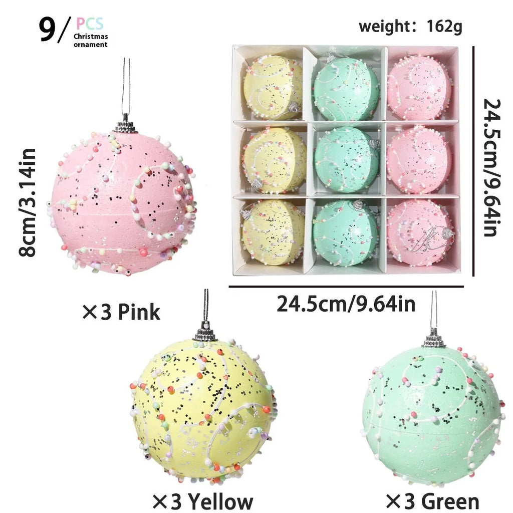 Set of colourful Christmas macaron ball foam pendants in 6cm and 8cm sizes