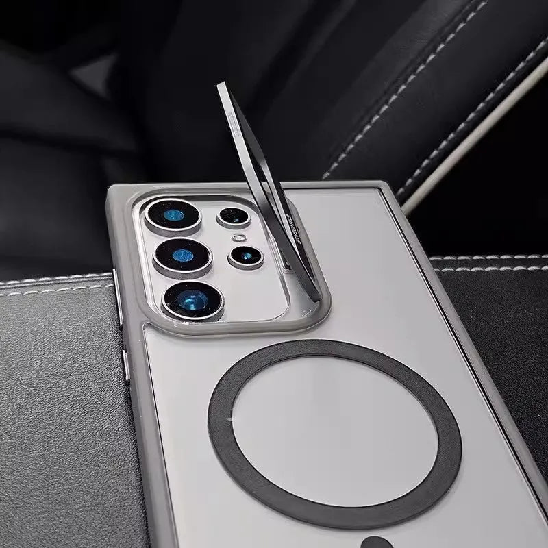 Magnetic PC phone case for Samsung with metal kickstand bracket in gray next to a Samsung phone