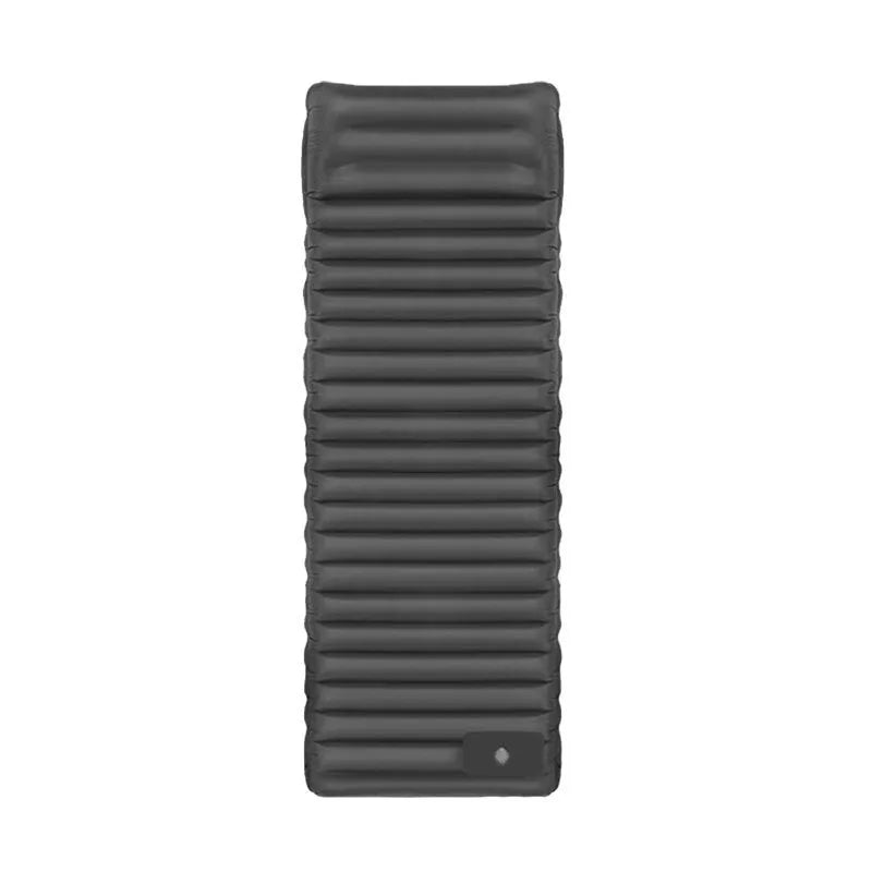 Single inflatable camping mattress in grey, shown expanded to 195cm length