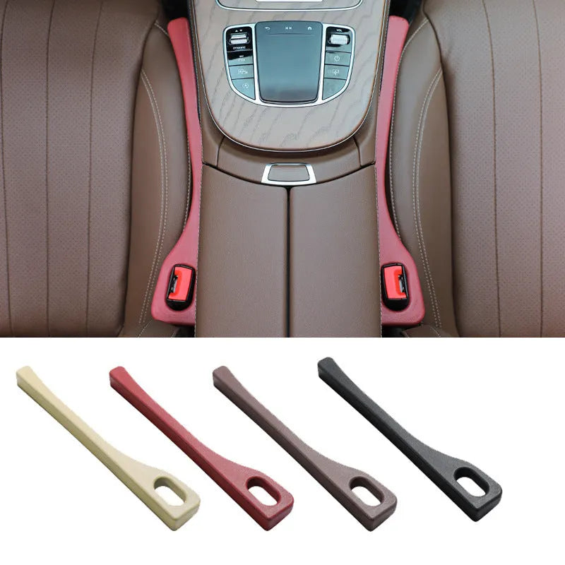 Car seat gap filler strip in polyurethane material shown installed between vehicle seat and centre console