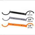 Three colour-coded wrenches in orange, grey and black showing crescent, magnetic and catheter locking designs