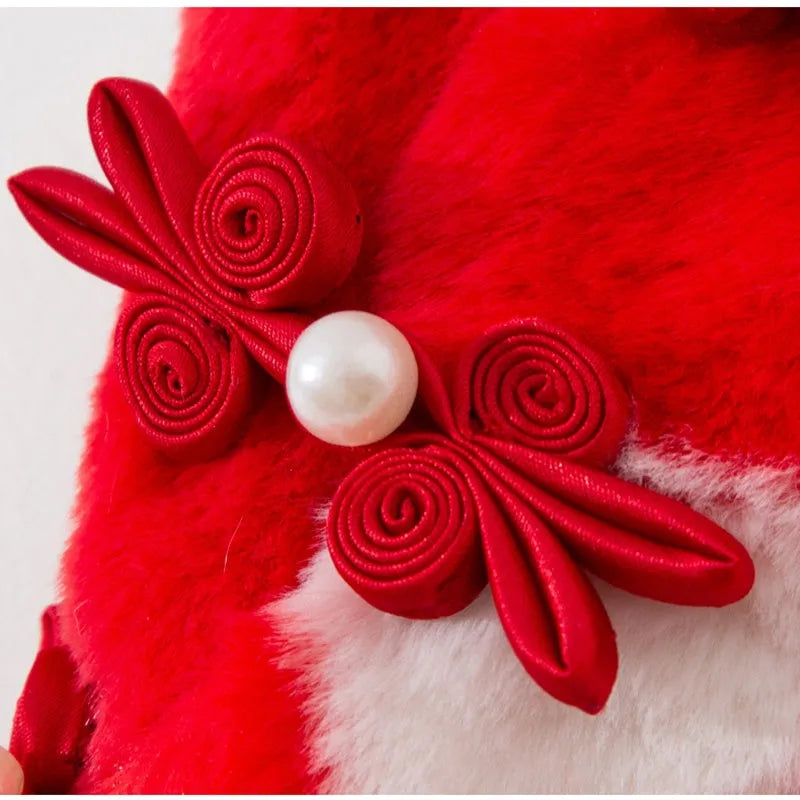 Red and white checkered plush pet vest with Qipao knot buttons and golden Fu embroidery for Chinese New Year